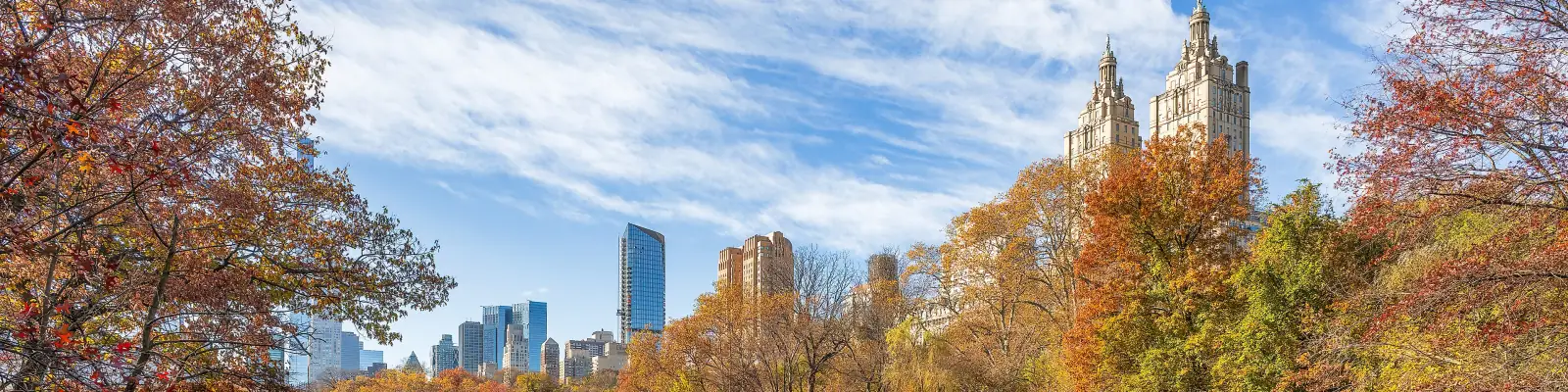 Autumn trees around the lake in Central Park, the San Remo towers and the Manhattan skyline behind
